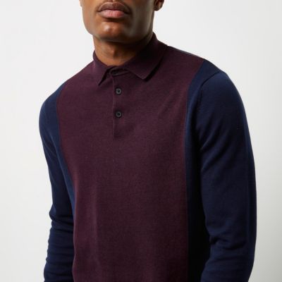 Purple knit colour block polo shirt